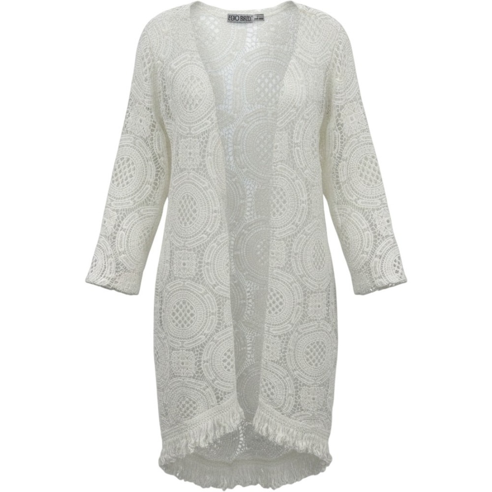Retro Threads White Crochet Lace Fringe Duster Cardigan Medallion Womens Large